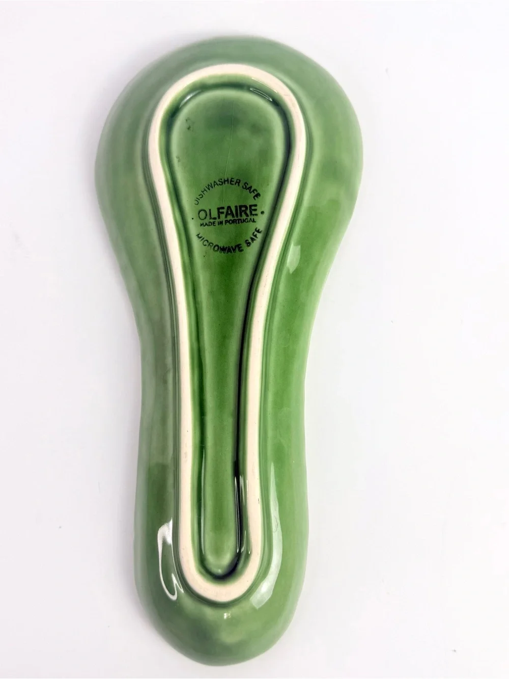 Vintage Ceramic Spoon Rest Olfaire Green Glazed Majolica Leaf Portugal Made